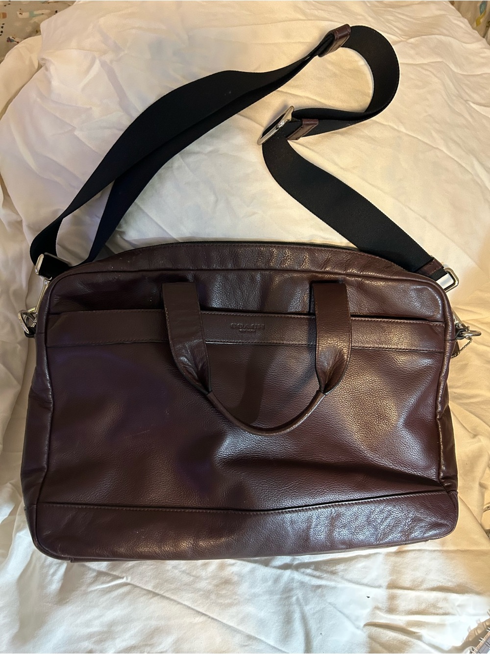 Coach Dk Brown Leather Briefcase, Great Condition, W/Handles & Shoulder Strap